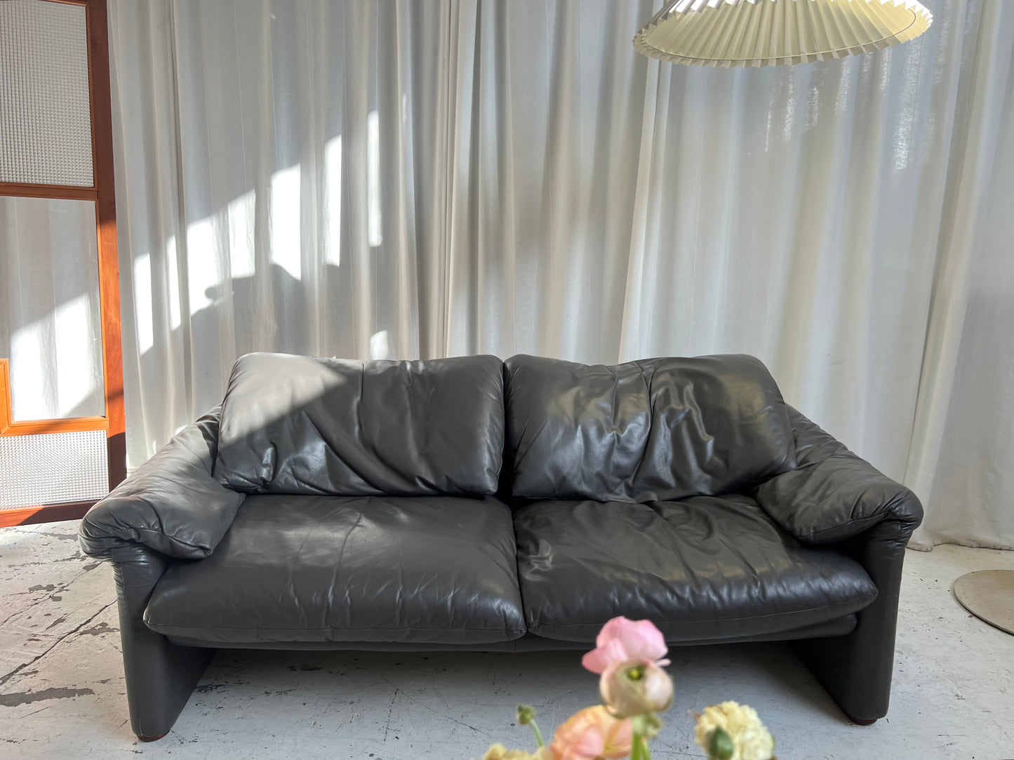 Cassina Maralunga Grey Leather Sofa by Vico Magistretti