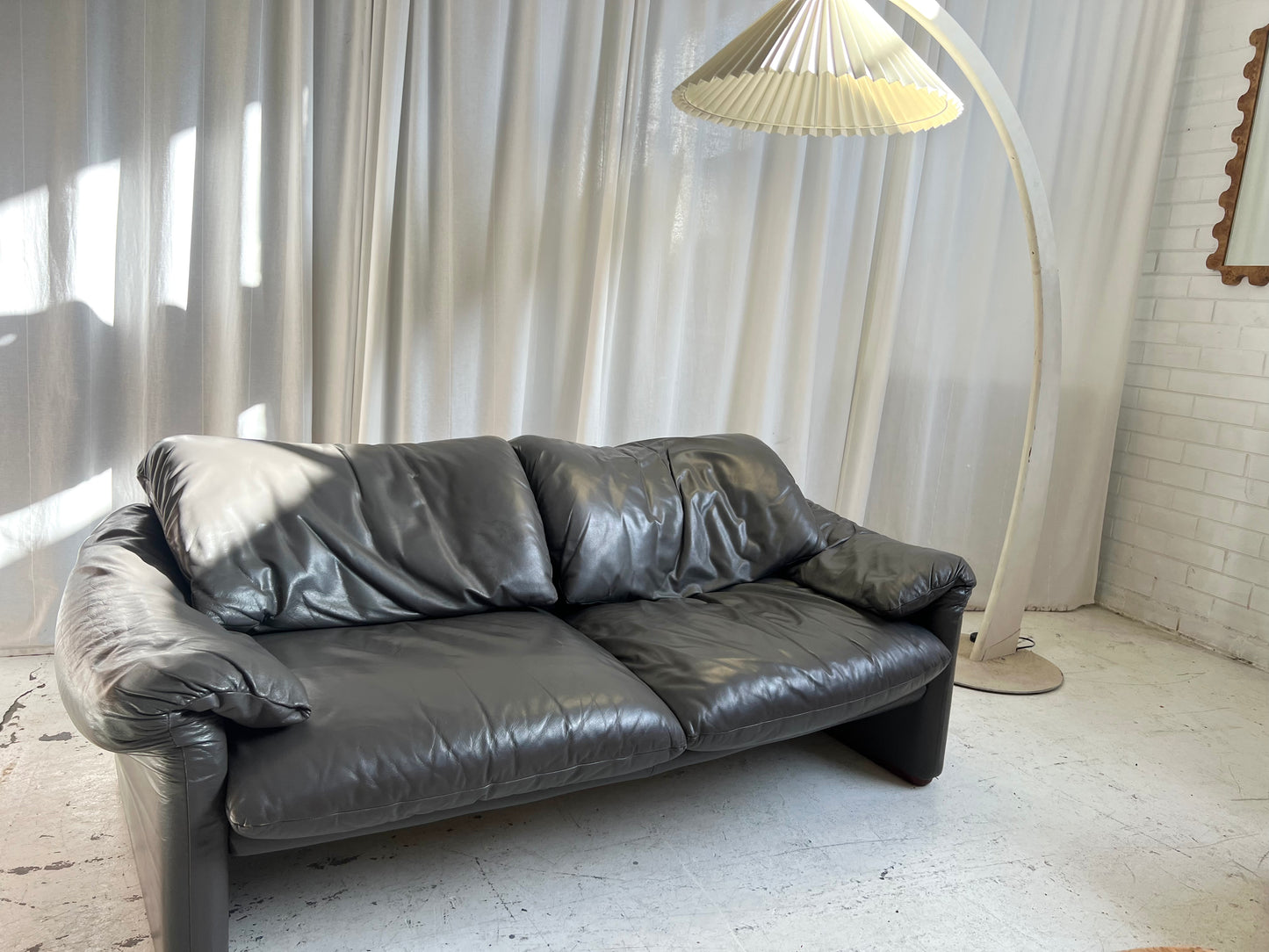 Cassina Maralunga Grey Leather Sofa by Vico Magistretti