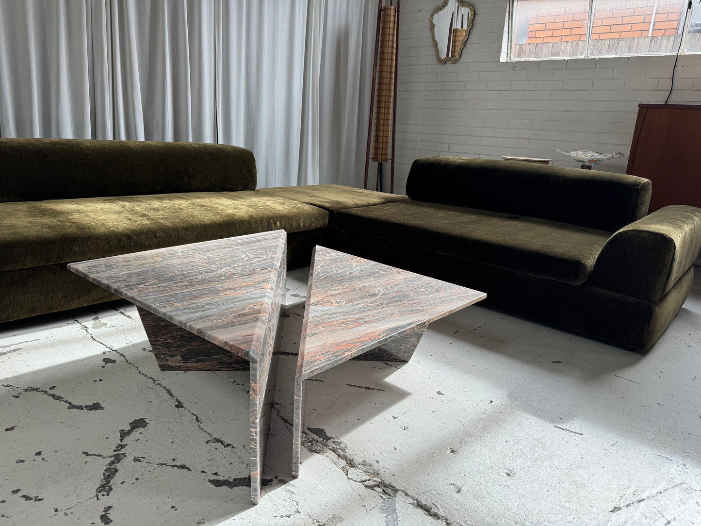 Two Piece Sculptural Marble Triangle Coffee Table Set