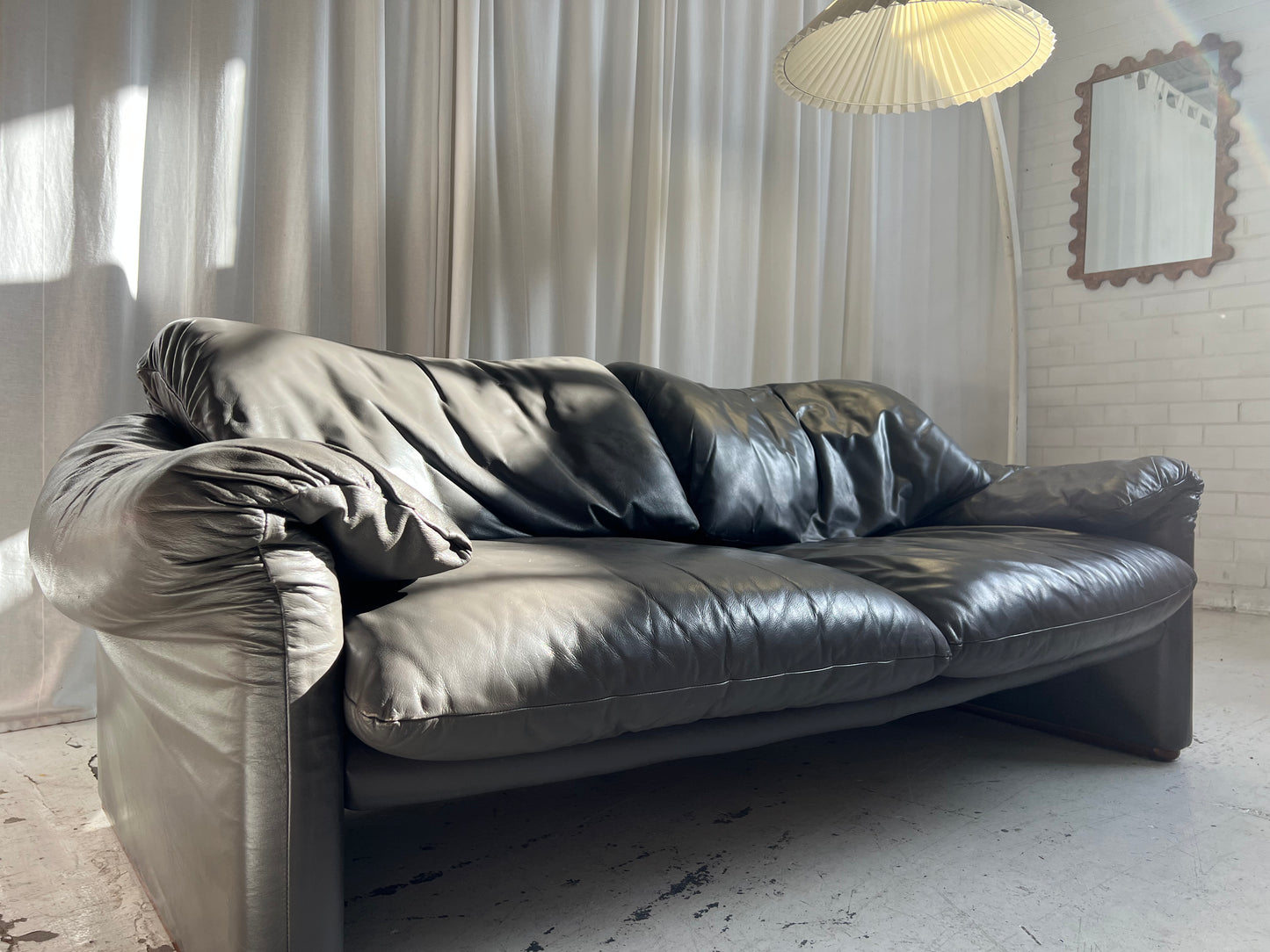 Cassina Maralunga Grey Leather Sofa by Vico Magistretti