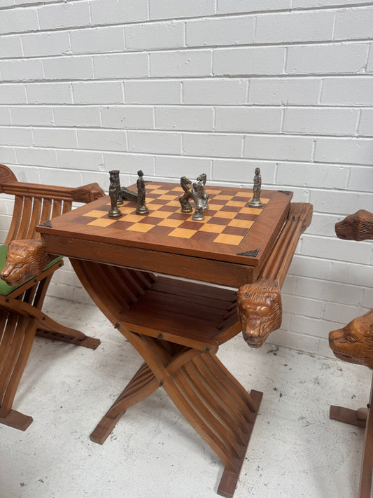Vintage Savonarola Lion Head Folding Chess Table/Chairs Set
