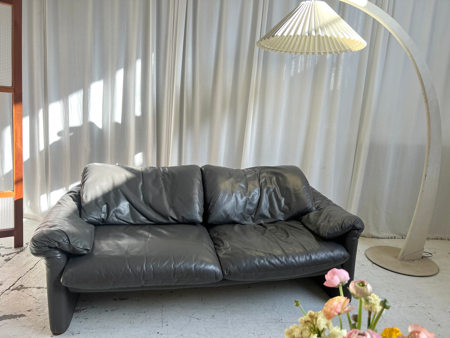 Cassina Maralunga Grey Leather Sofa by Vico Magistretti