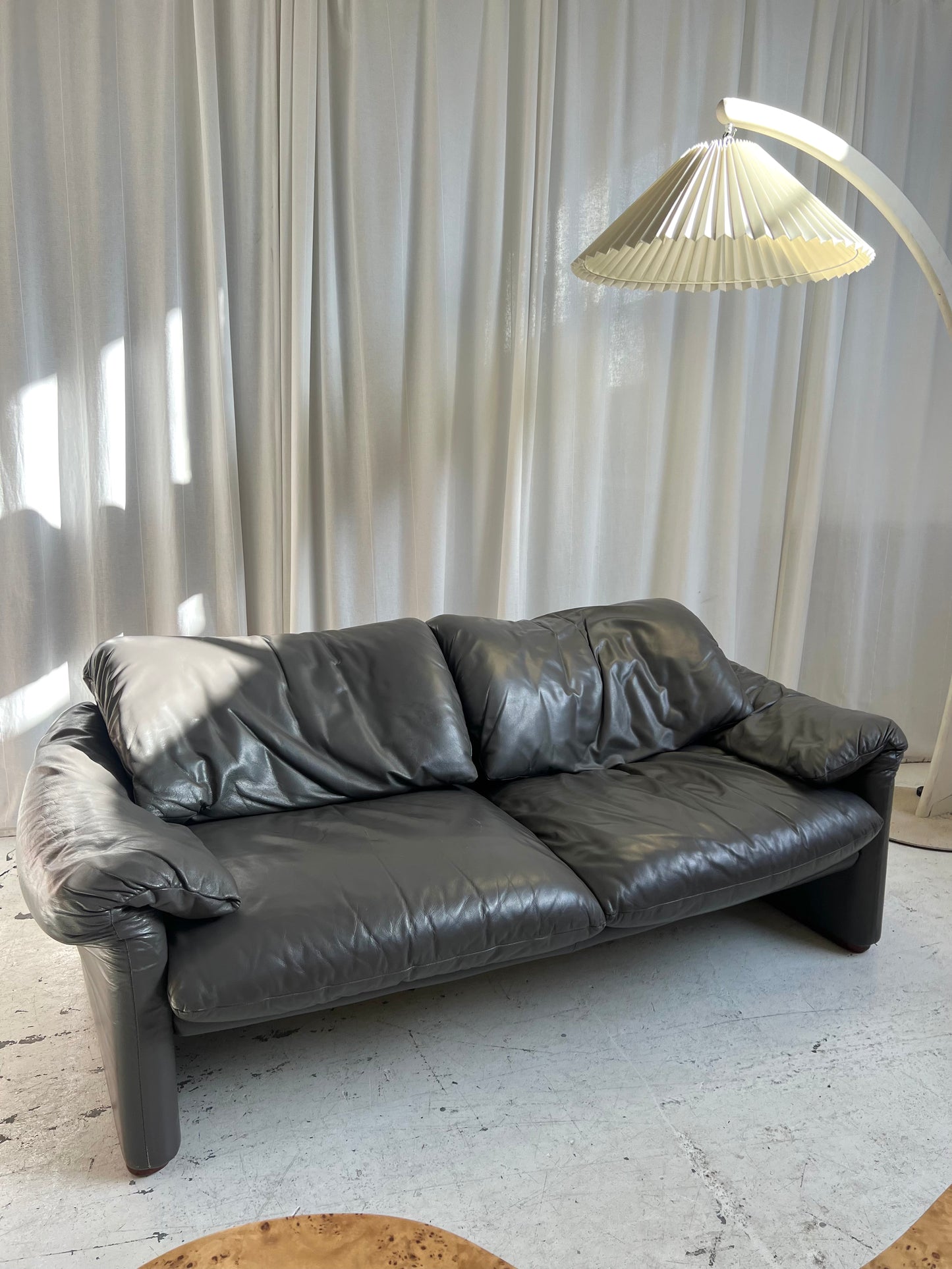 Cassina Maralunga Grey Leather Sofa by Vico Magistretti
