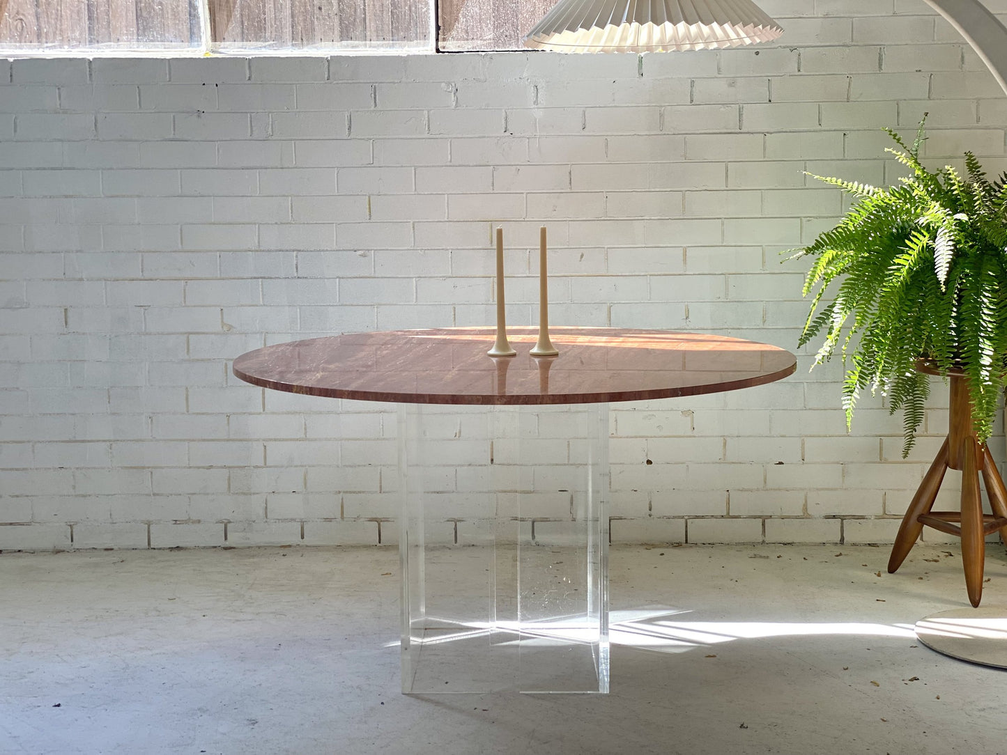 Custom “Floating” Lucite Travertine Table
