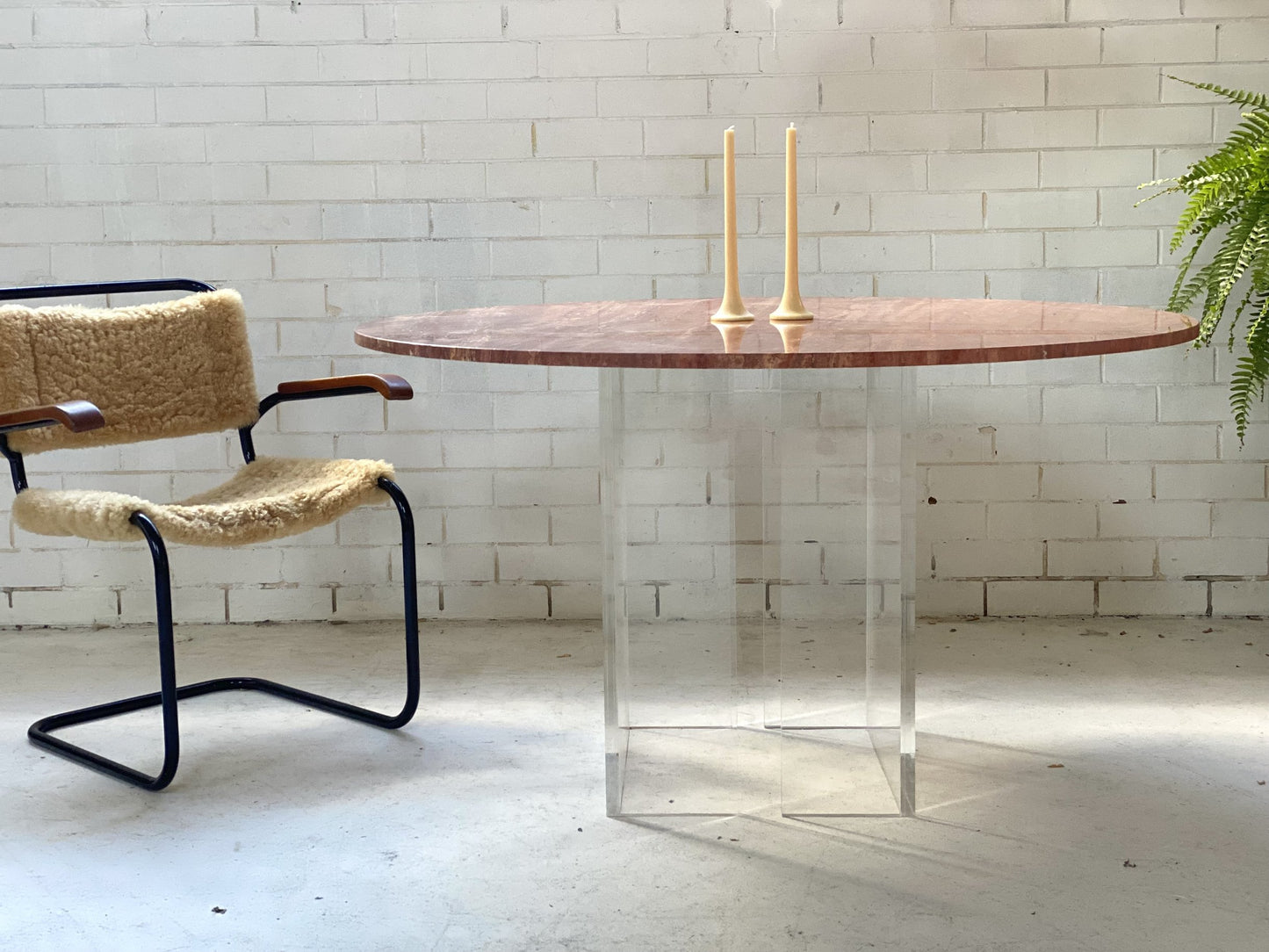 Custom “Floating” Lucite Travertine Table