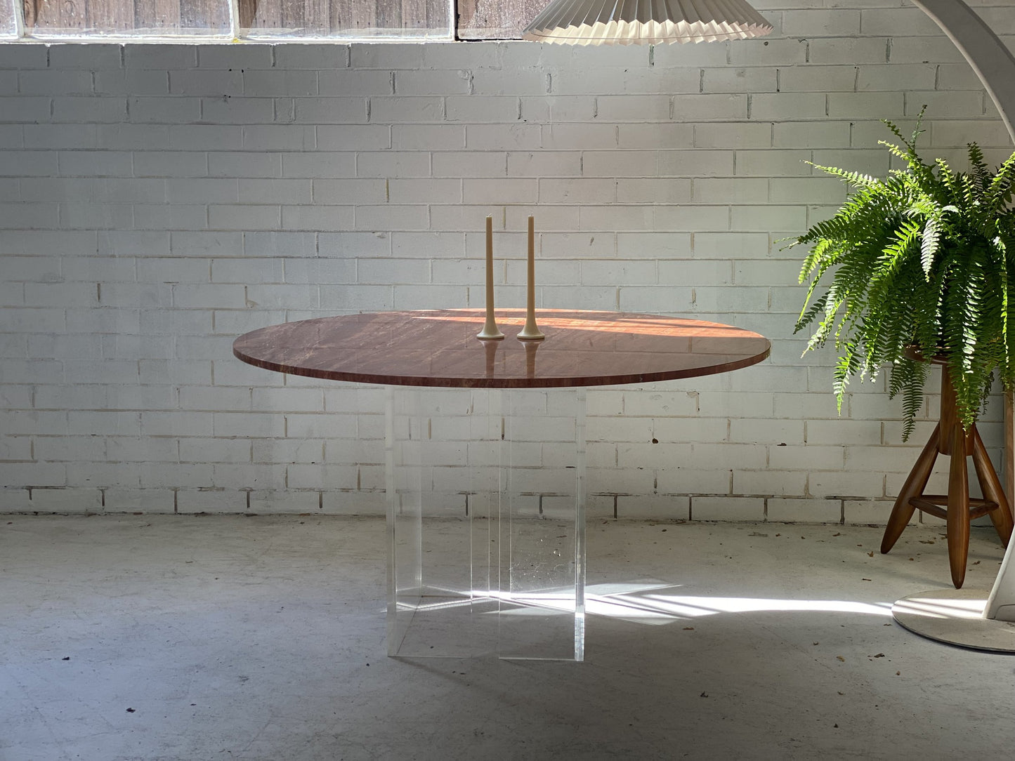 Custom “Floating” Lucite Travertine Table