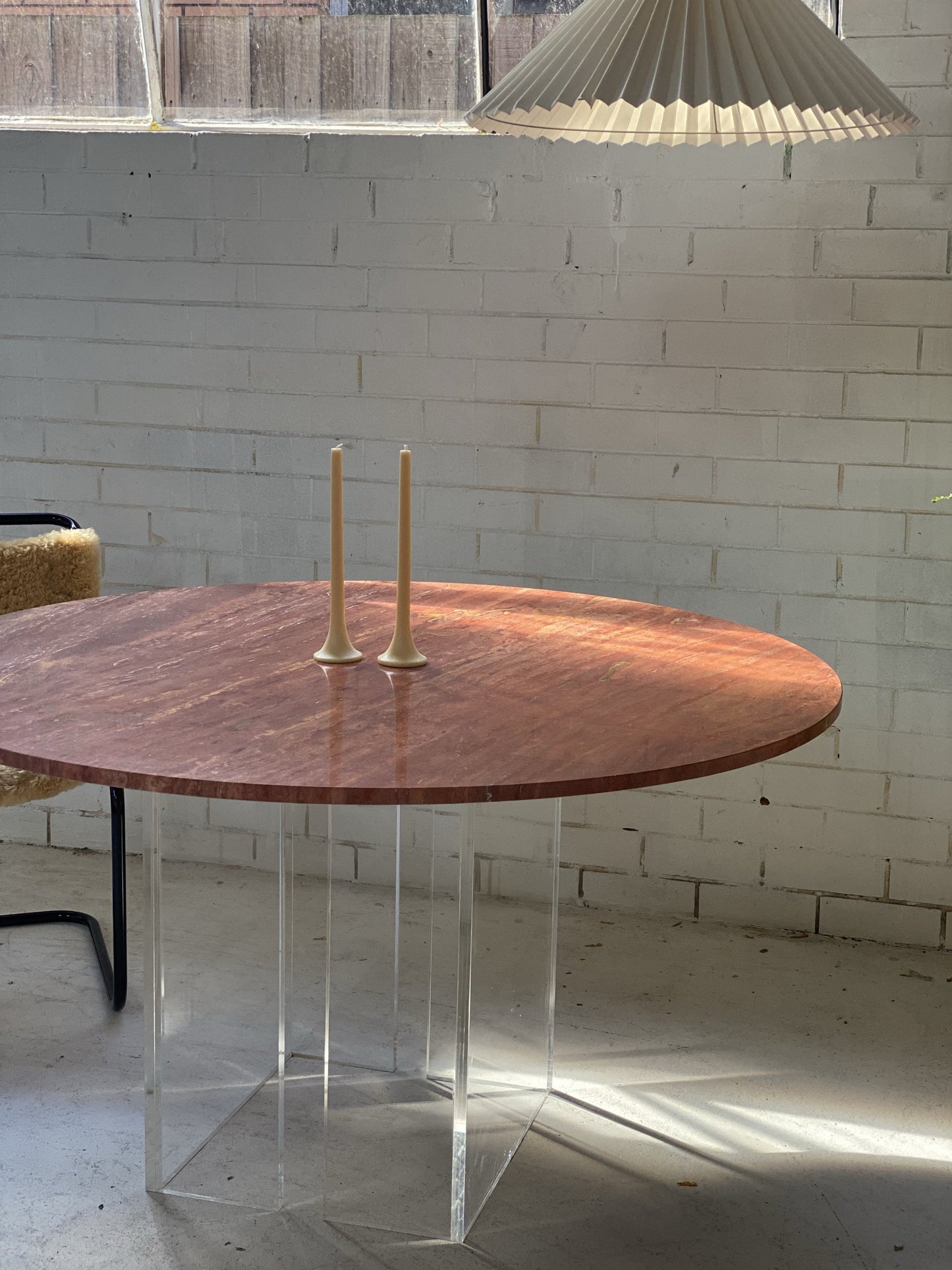 Custom “Floating” Lucite Travertine Table