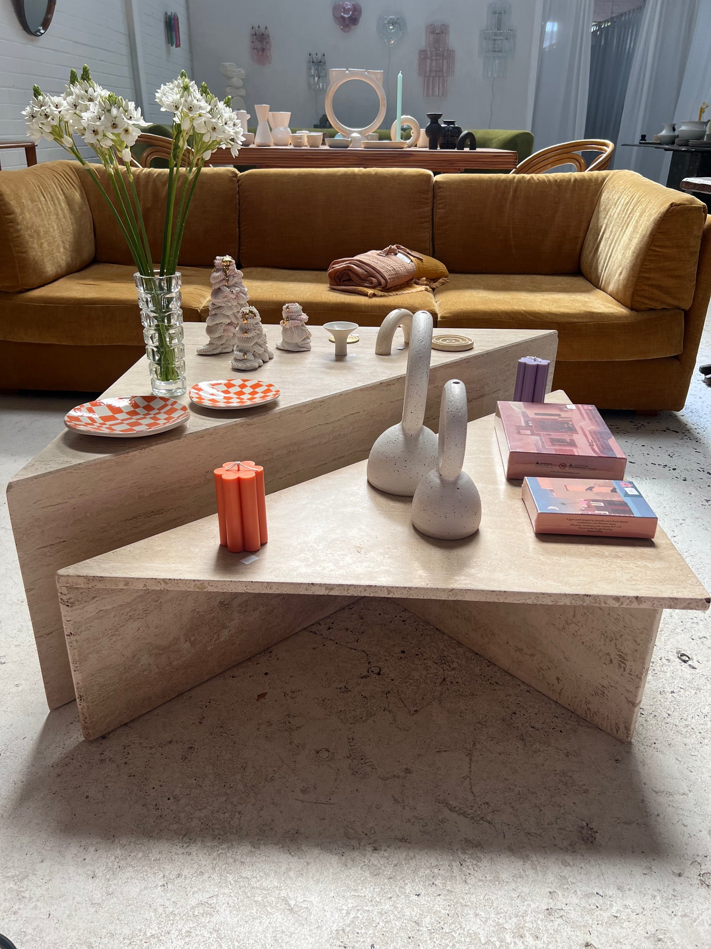 Two Piece Travertine Triangle Coffee Tables