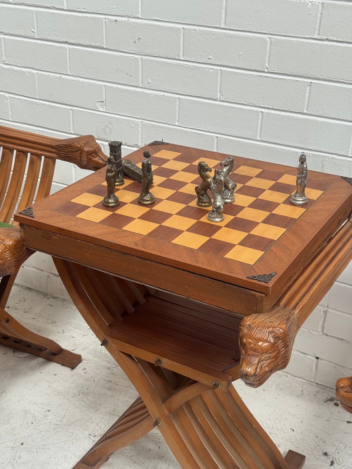 Vintage Savonarola Lion Head Folding Chess Table/Chairs Set