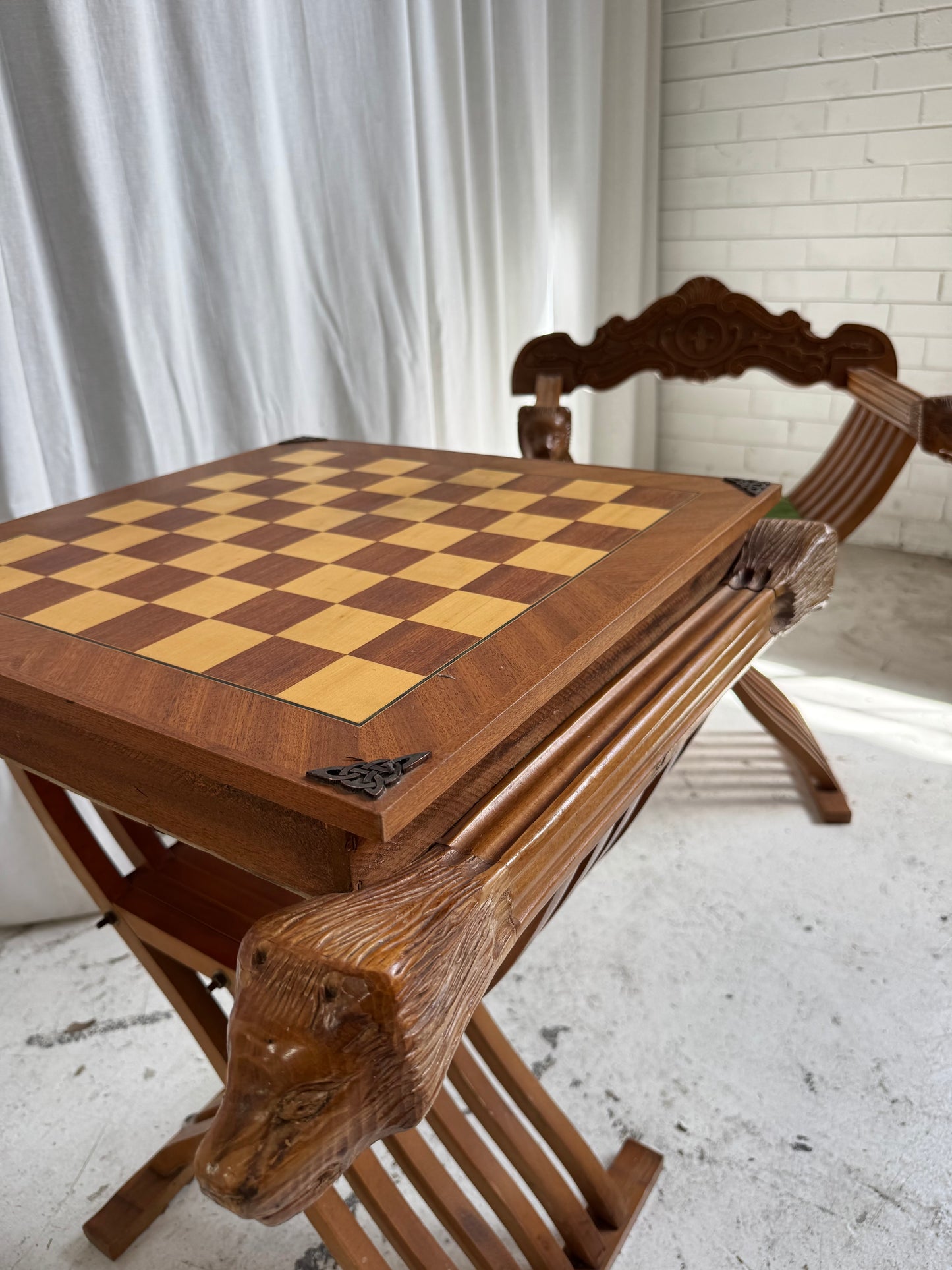 Vintage Savonarola Lion Head Folding Chess Table/Chairs Set