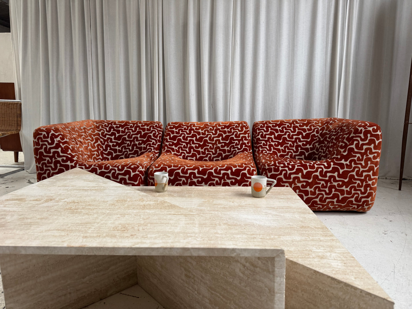 Two Piece Sculptural Travertine Triangle Coffee Tables
