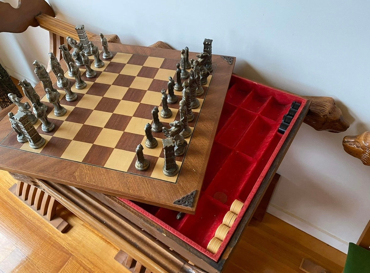 Vintage Savonarola Lion Head Folding Chess Table/Chairs Set