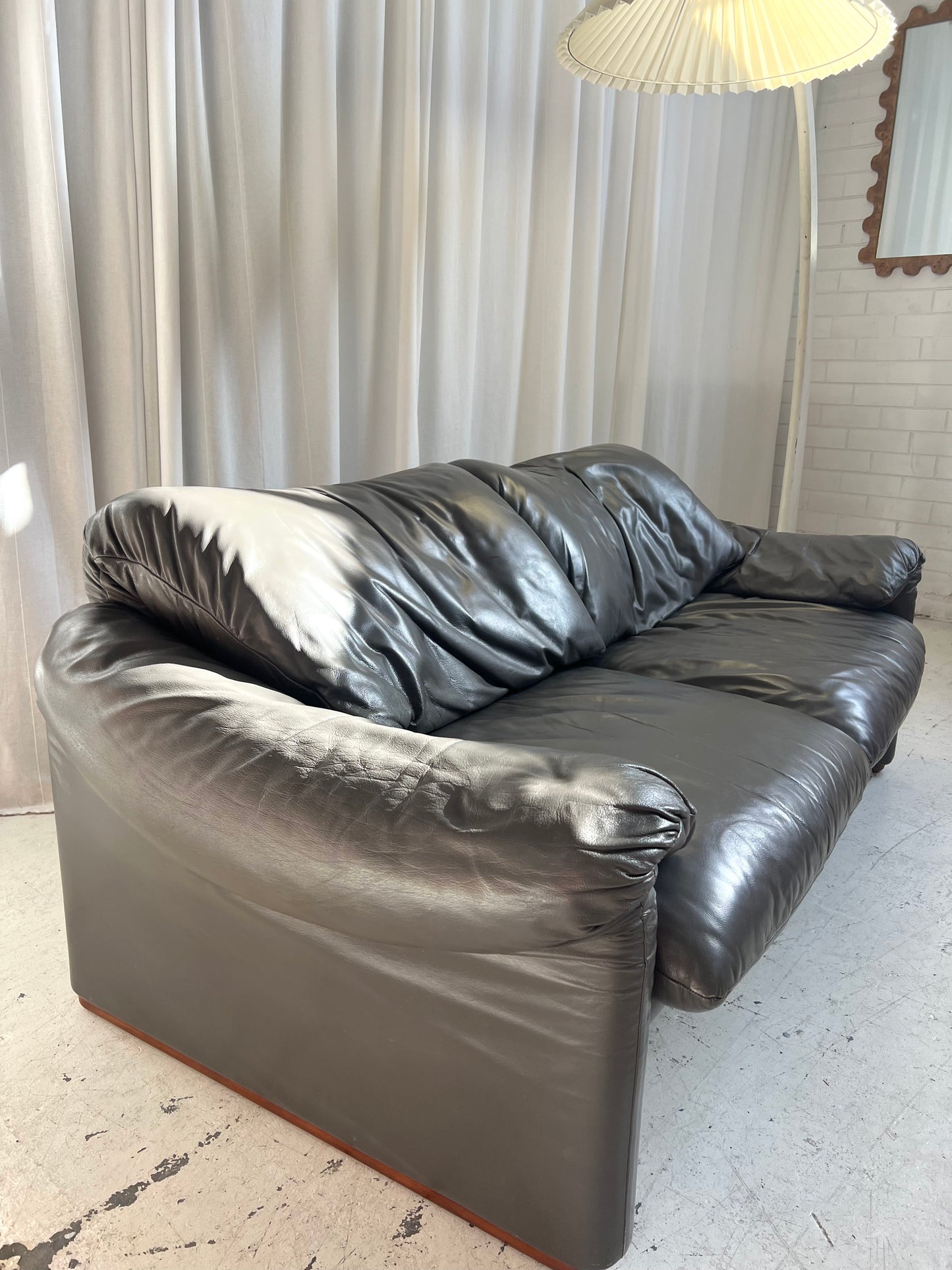 Cassina Maralunga Grey Leather Sofa by Vico Magistretti