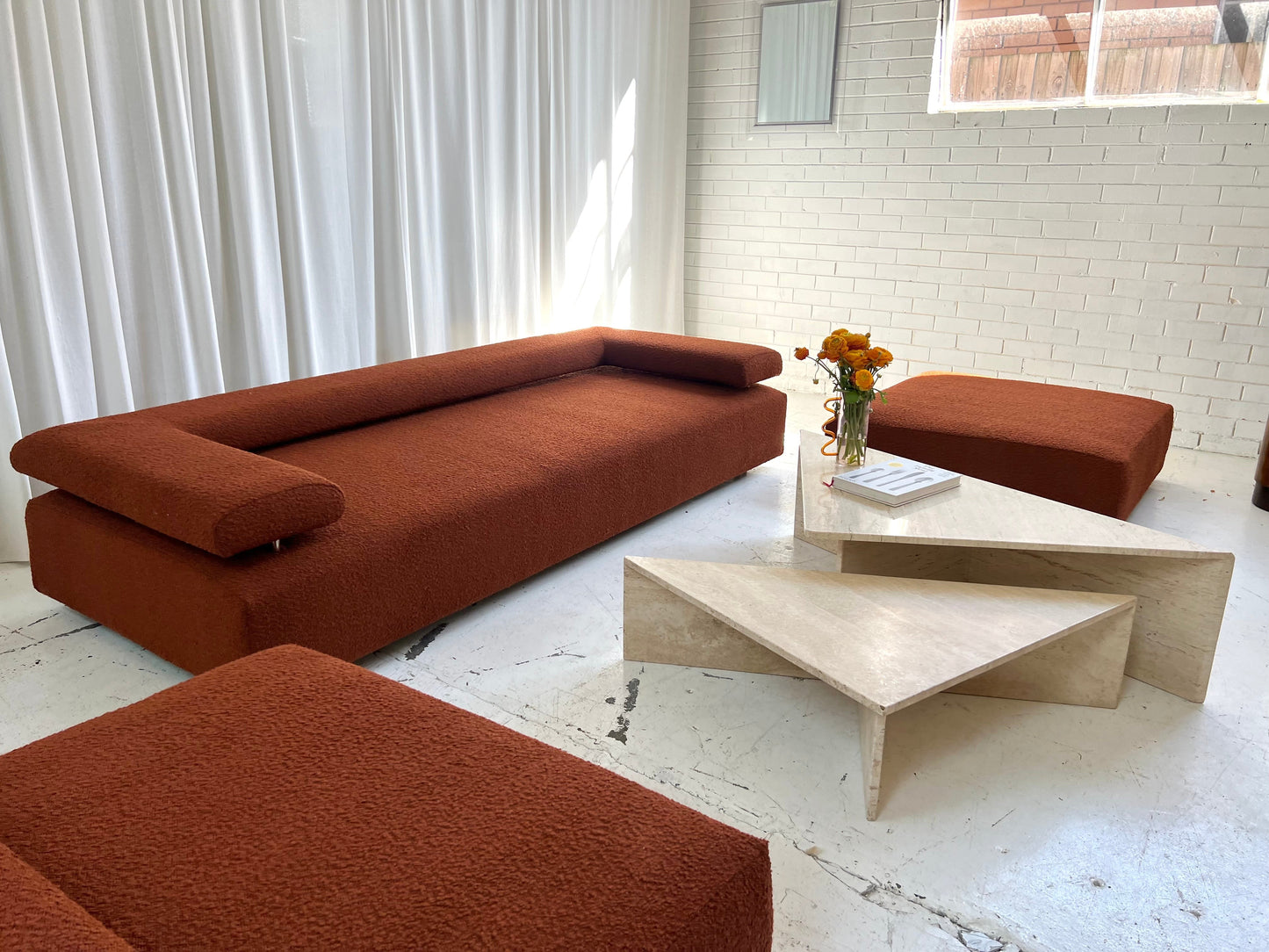 Two Piece Sculptural Travertine Triangle Coffee Tables