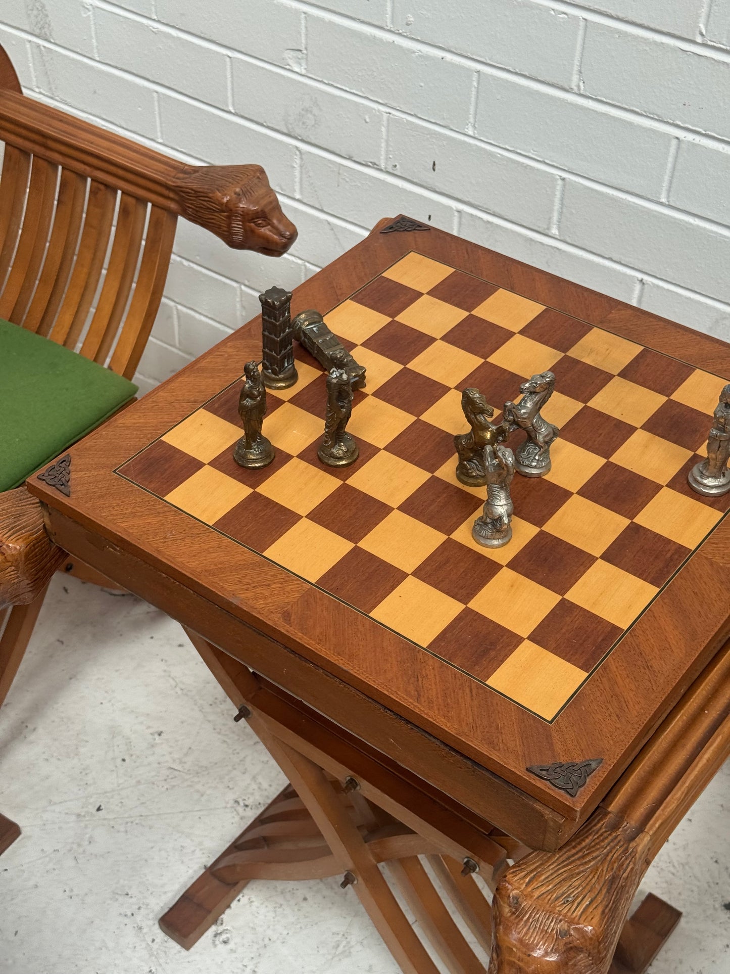 Vintage Savonarola Lion Head Folding Chess Table/Chairs Set
