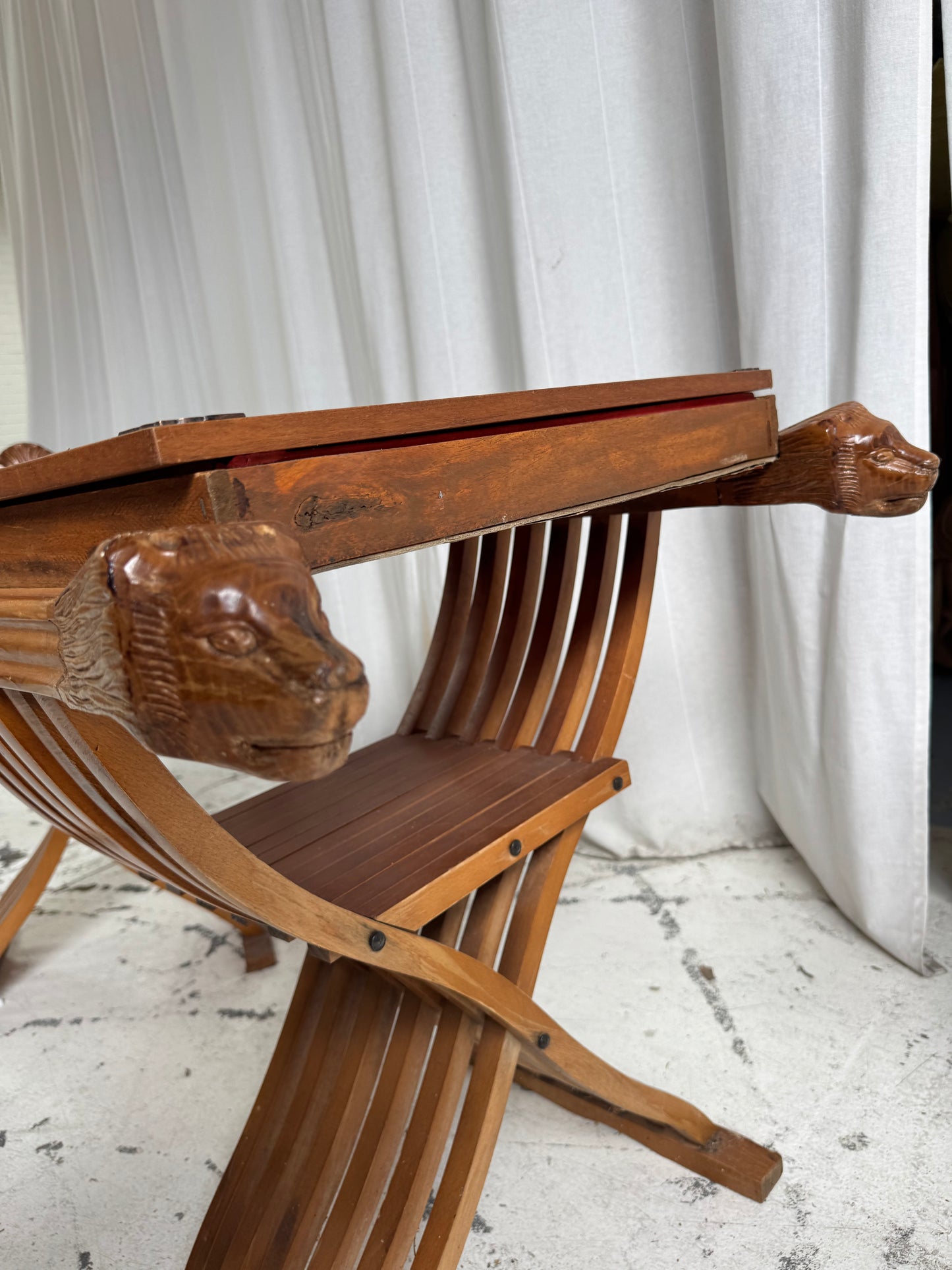 Vintage Savonarola Lion Head Folding Chess Table/Chairs Set