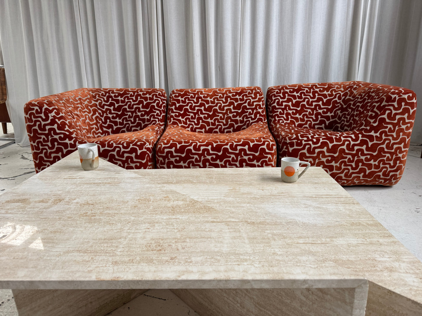 Two Piece Sculptural Travertine Triangle Coffee Tables