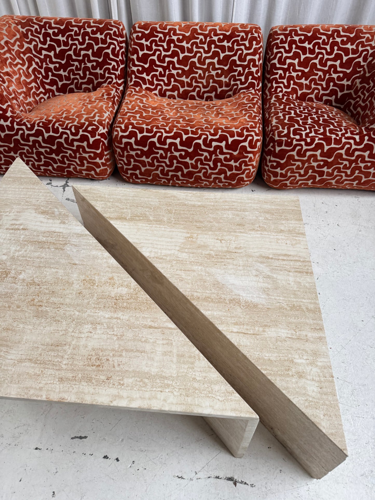 Two Piece Sculptural Travertine Triangle Coffee Tables