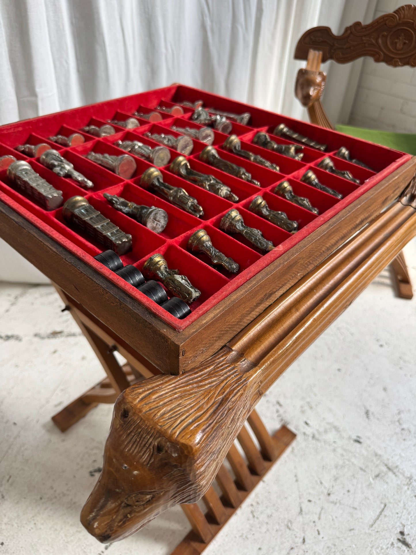 Vintage Savonarola Lion Head Folding Chess Table/Chairs Set