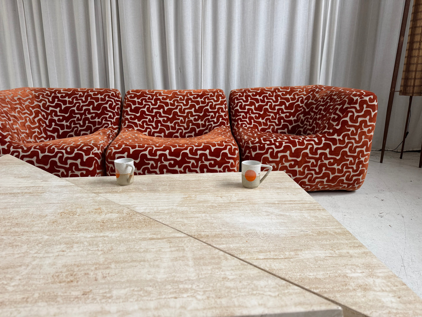 Two Piece Sculptural Travertine Triangle Coffee Tables