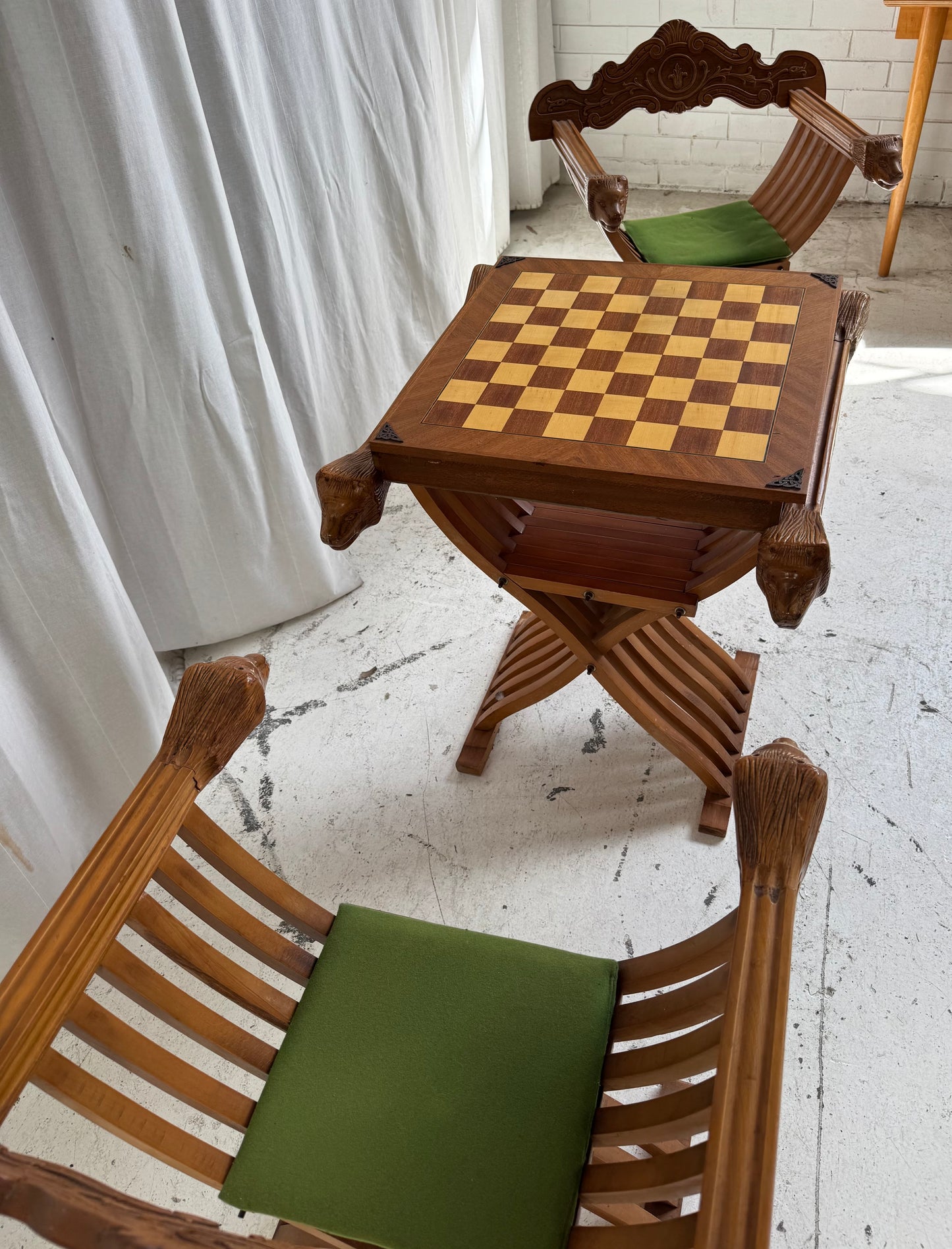 Vintage Savonarola Lion Head Folding Chess Table/Chairs Set