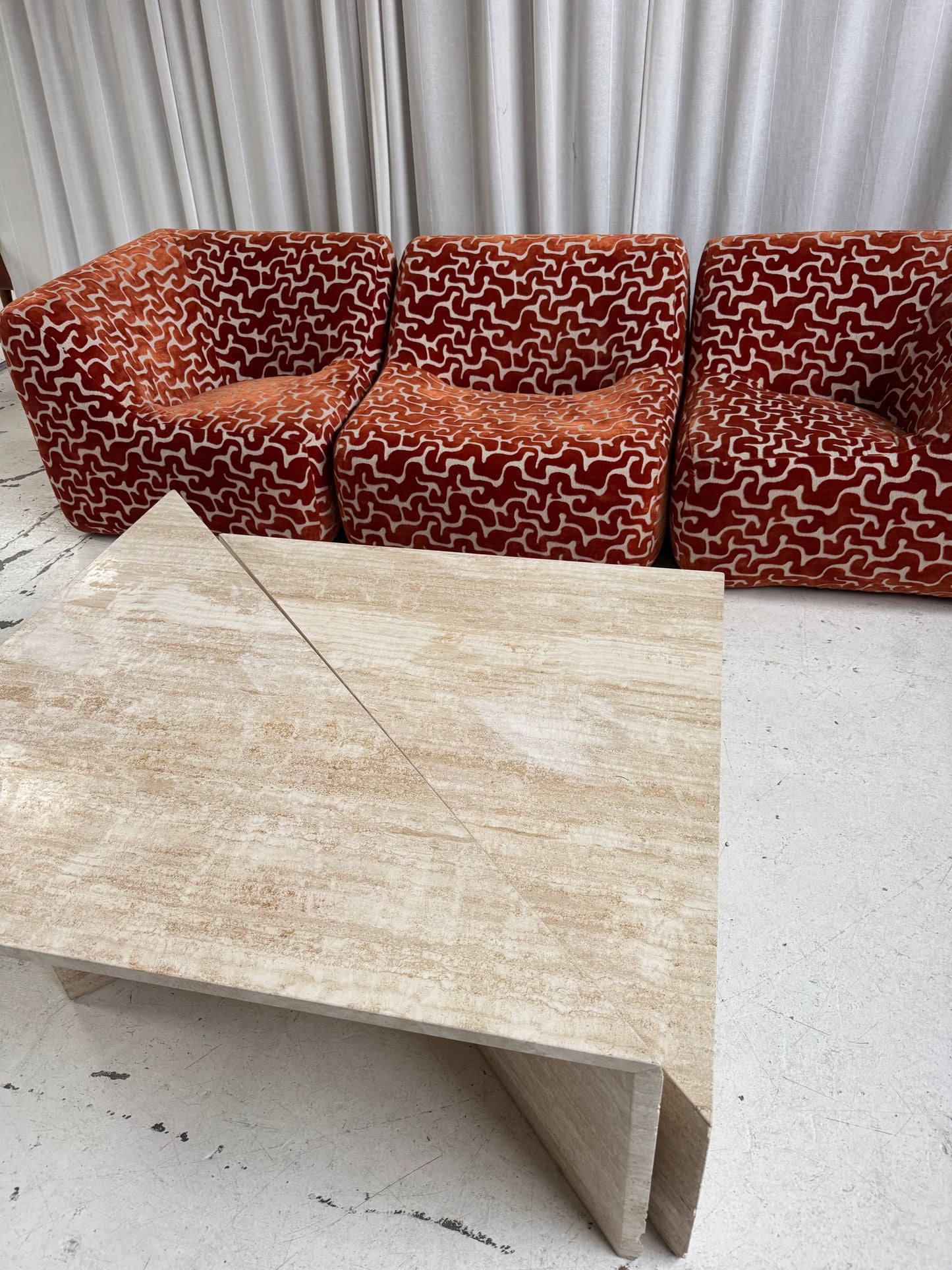 Two Piece Sculptural Travertine Triangle Coffee Tables
