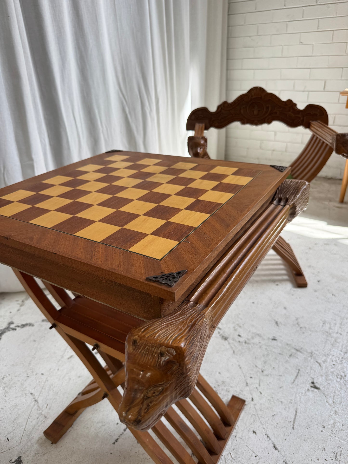 Vintage Savonarola Lion Head Folding Chess Table/Chairs Set