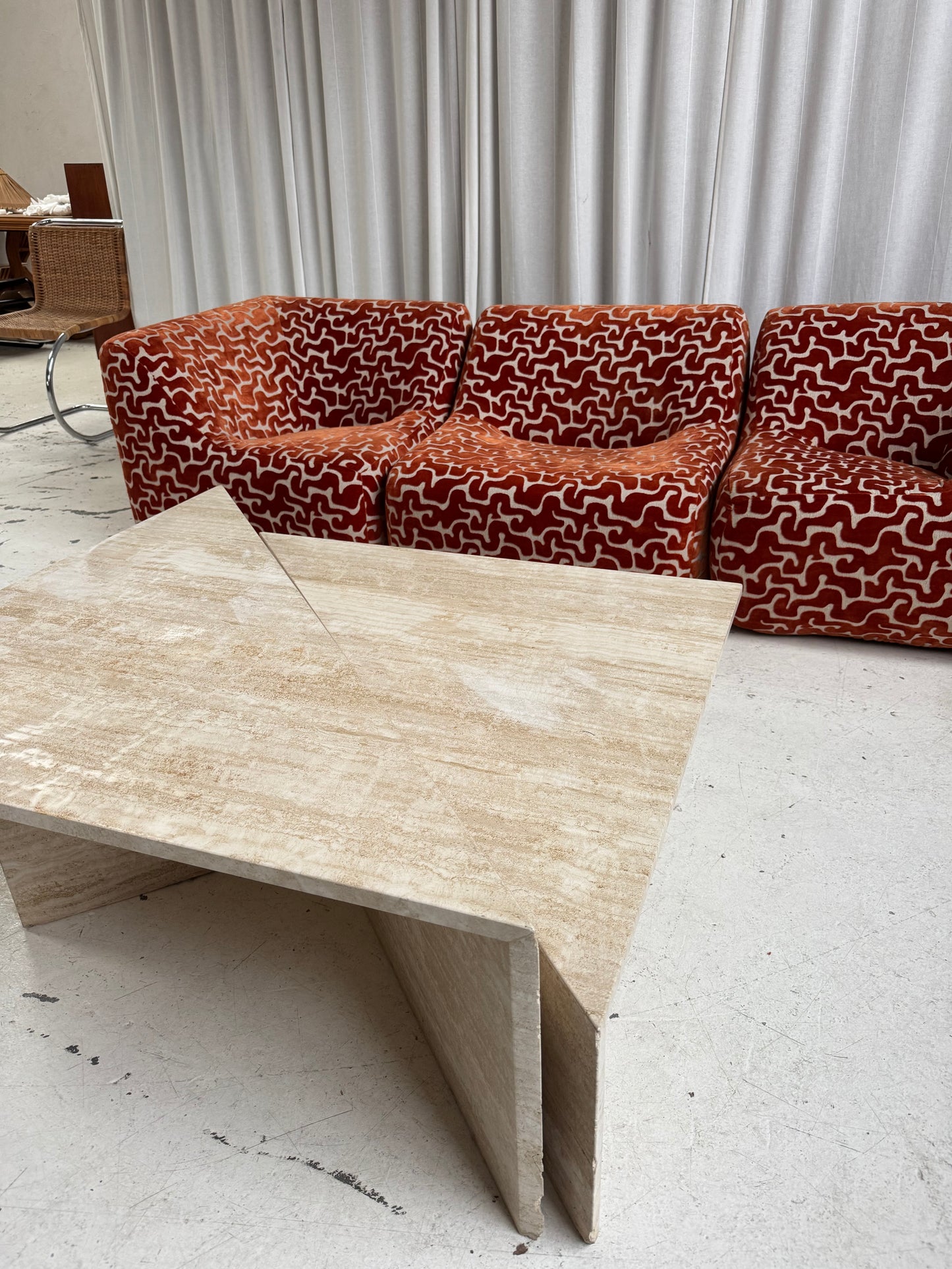 Two Piece Sculptural Travertine Triangle Coffee Tables