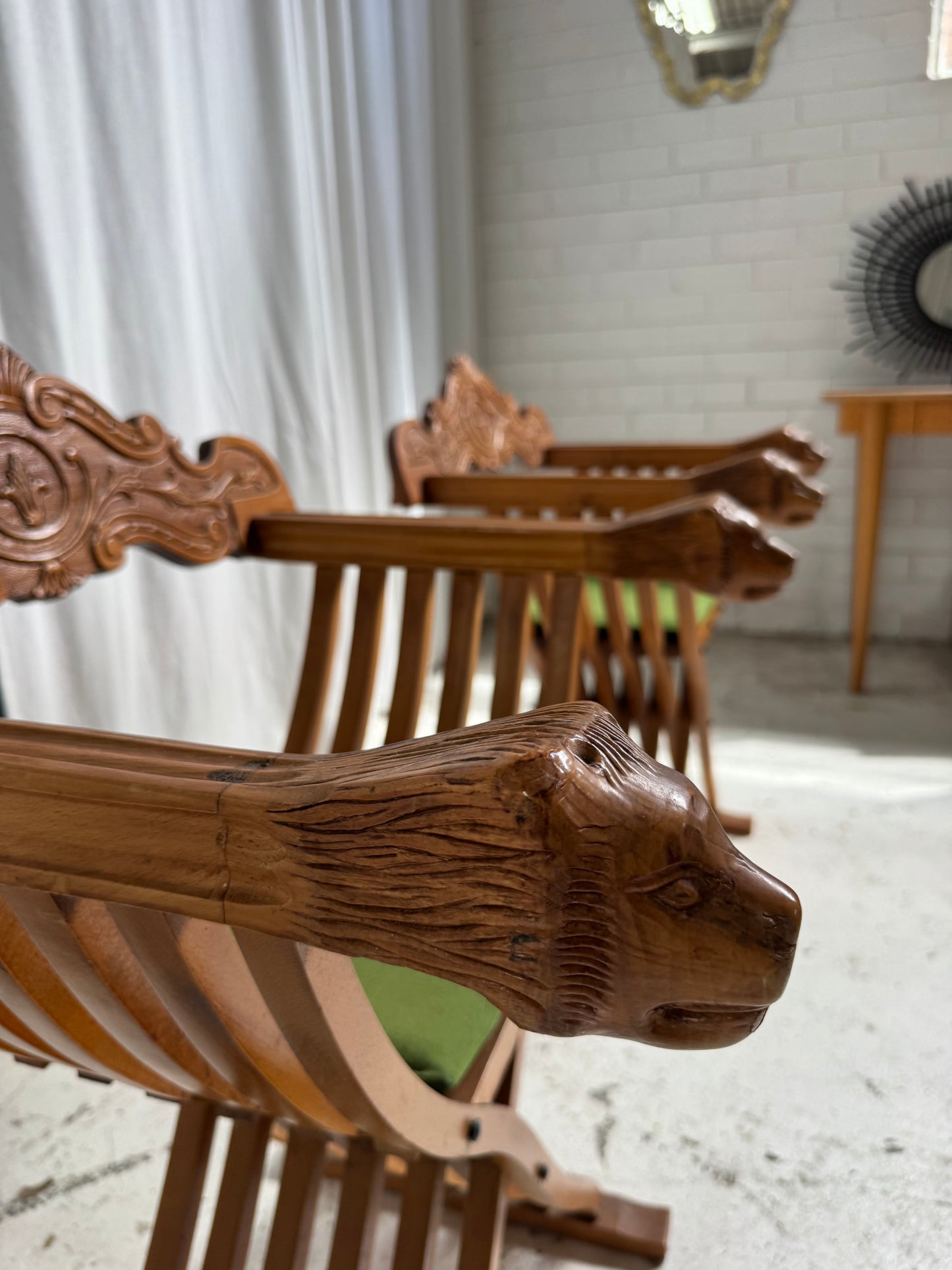 Vintage Savonarola Lion Head Folding Chess Table/Chairs Set
