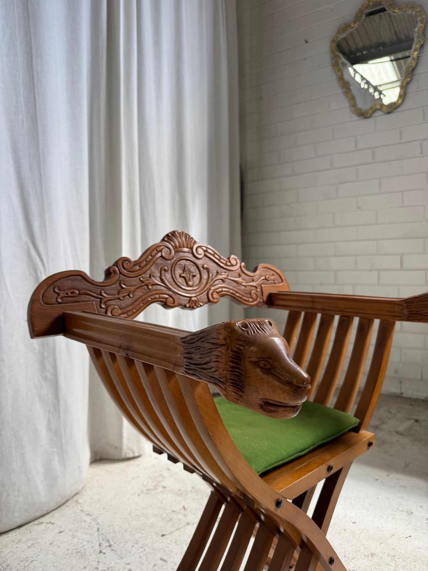 Vintage Savonarola Lion Head Folding Chess Table/Chairs Set