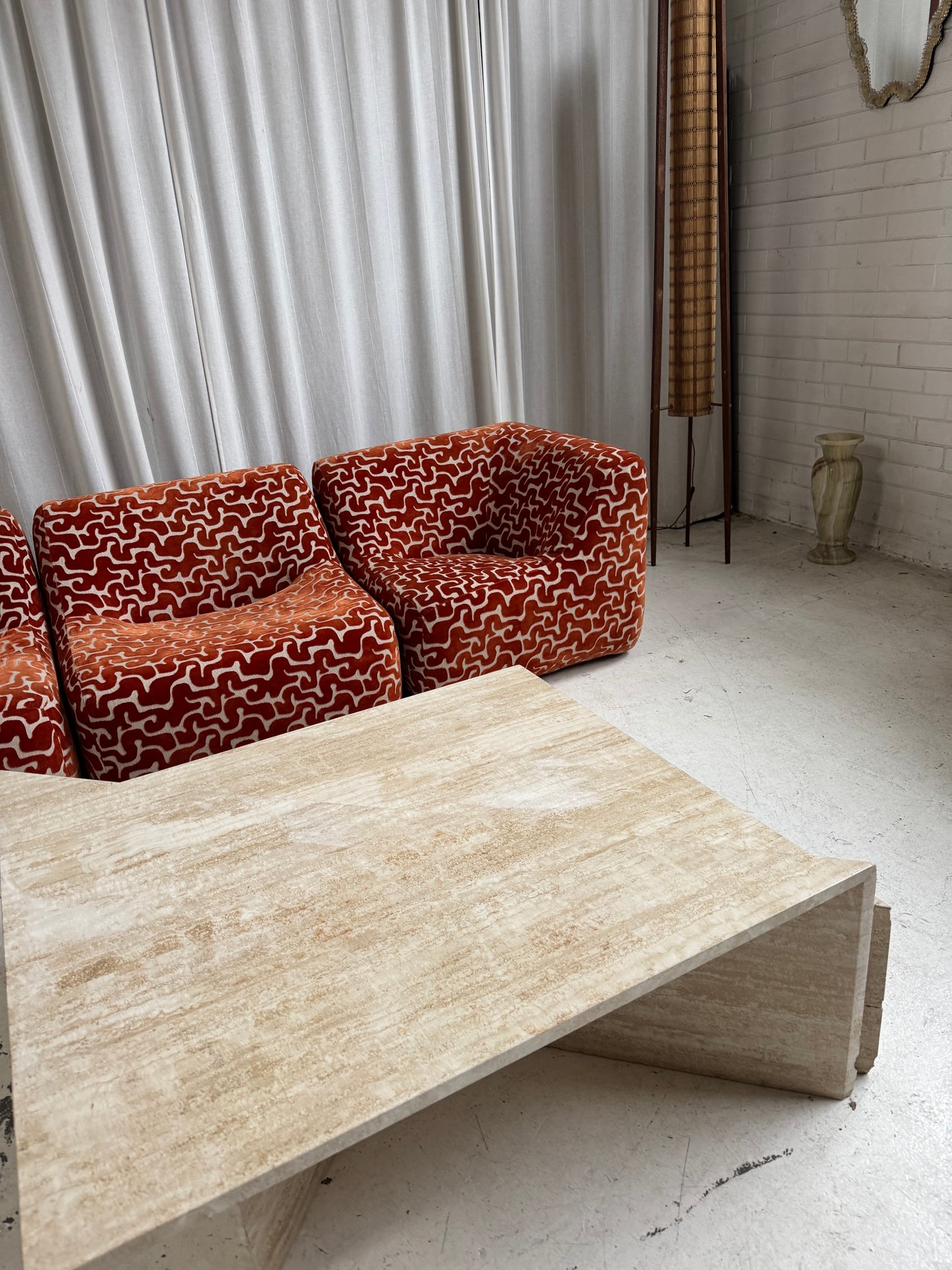 Two Piece Sculptural Travertine Triangle Coffee Tables