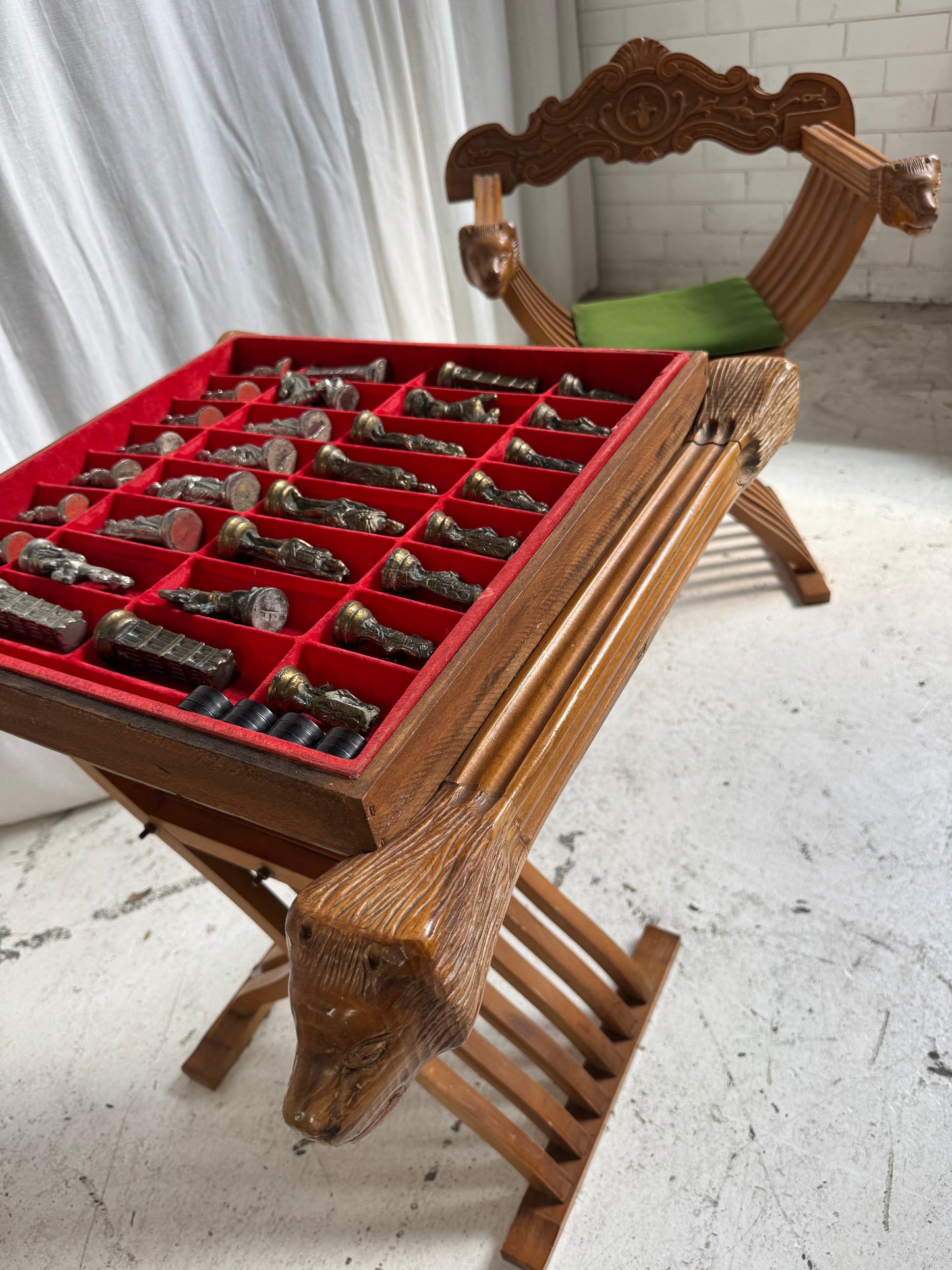 Vintage Savonarola Lion Head Folding Chess Table/Chairs Set