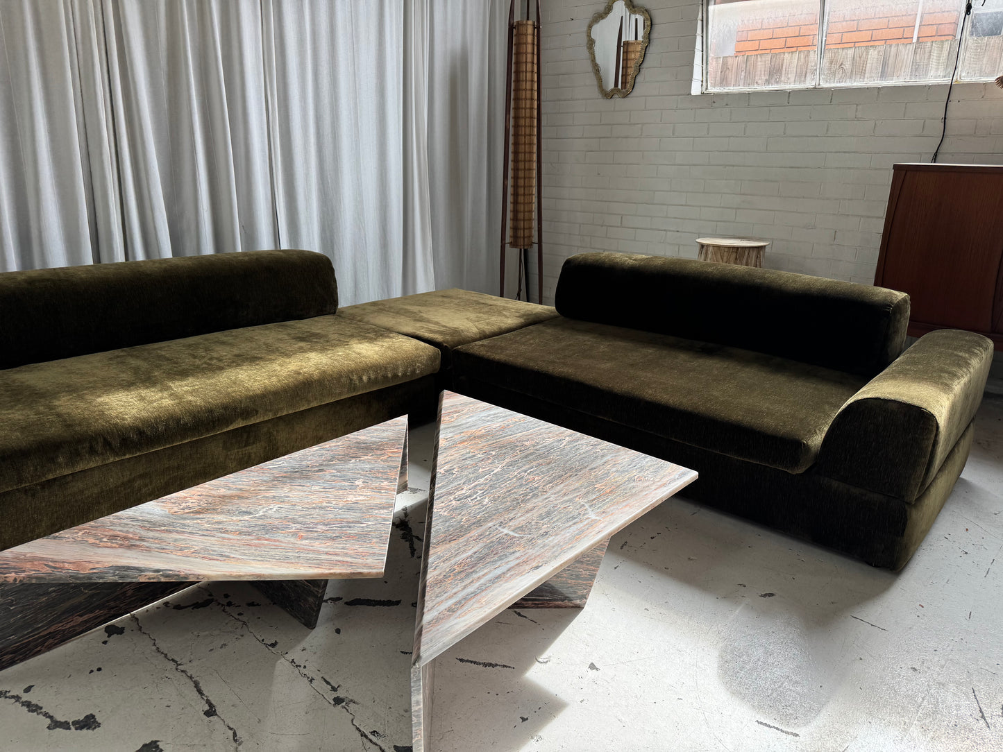 Two Piece Sculptural Marble Triangle Coffee Table Set