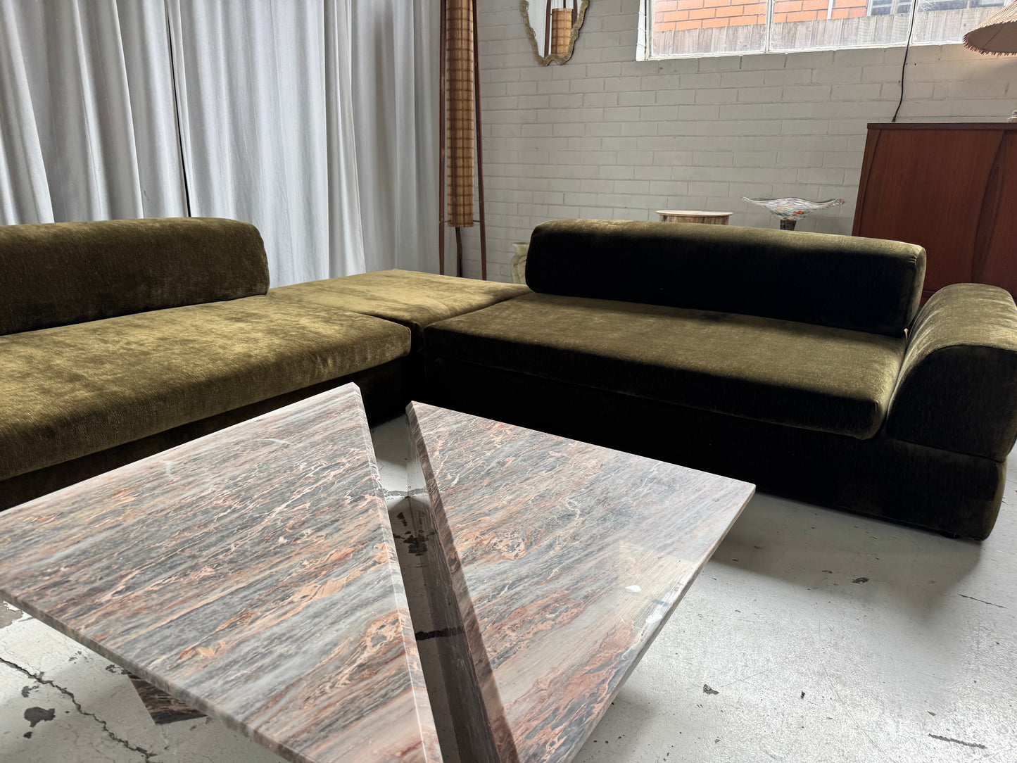Two Piece Sculptural Marble Triangle Coffee Table Set