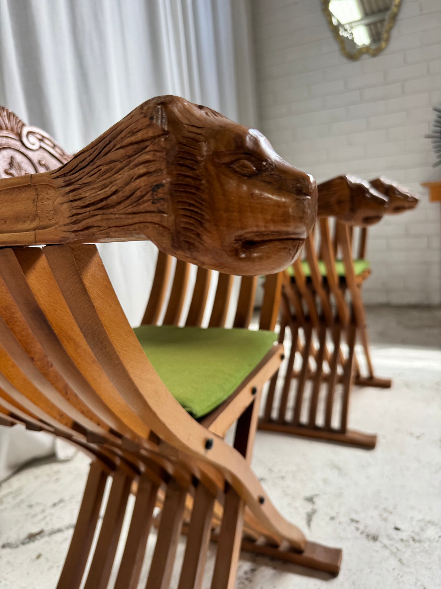 Vintage Savonarola Lion Head Folding Chess Table/Chairs Set