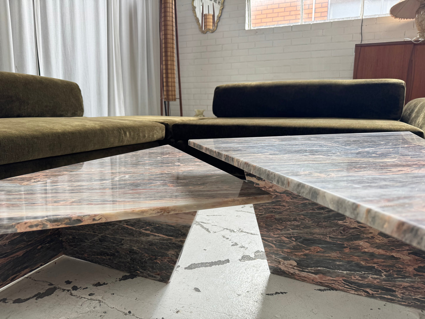 Two Piece Sculptural Marble Triangle Coffee Table Set