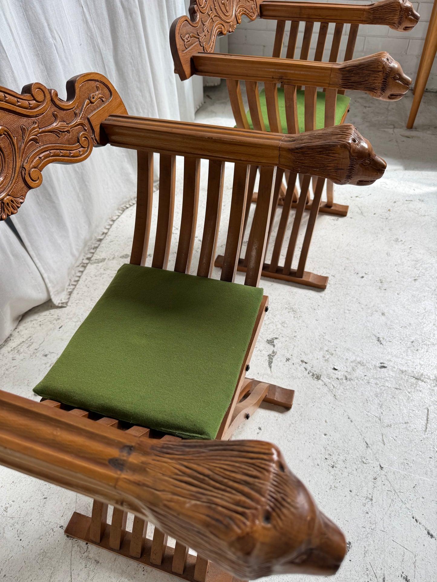 Vintage Savonarola Lion Head Folding Chess Table/Chairs Set