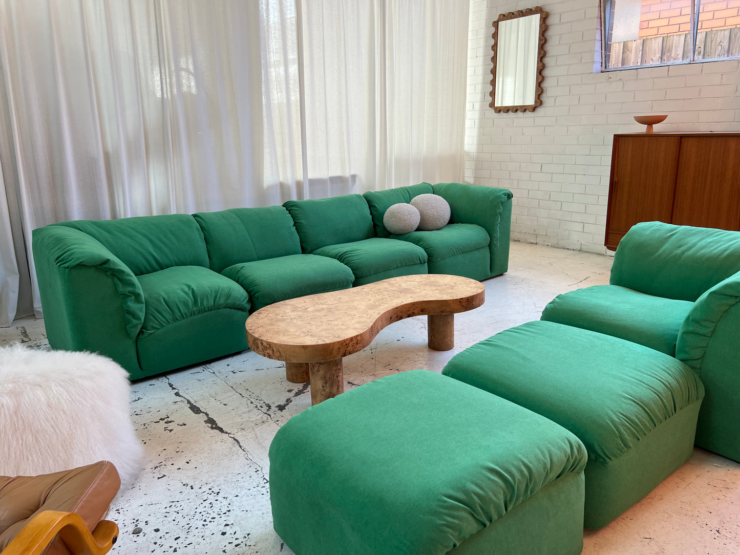 Restored Pillowy Green Modular Sofa