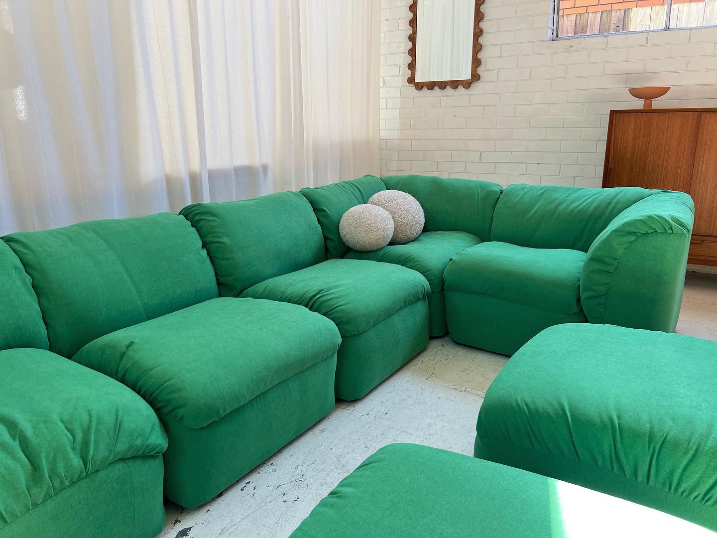 Restored Pillowy Green Modular Sofa