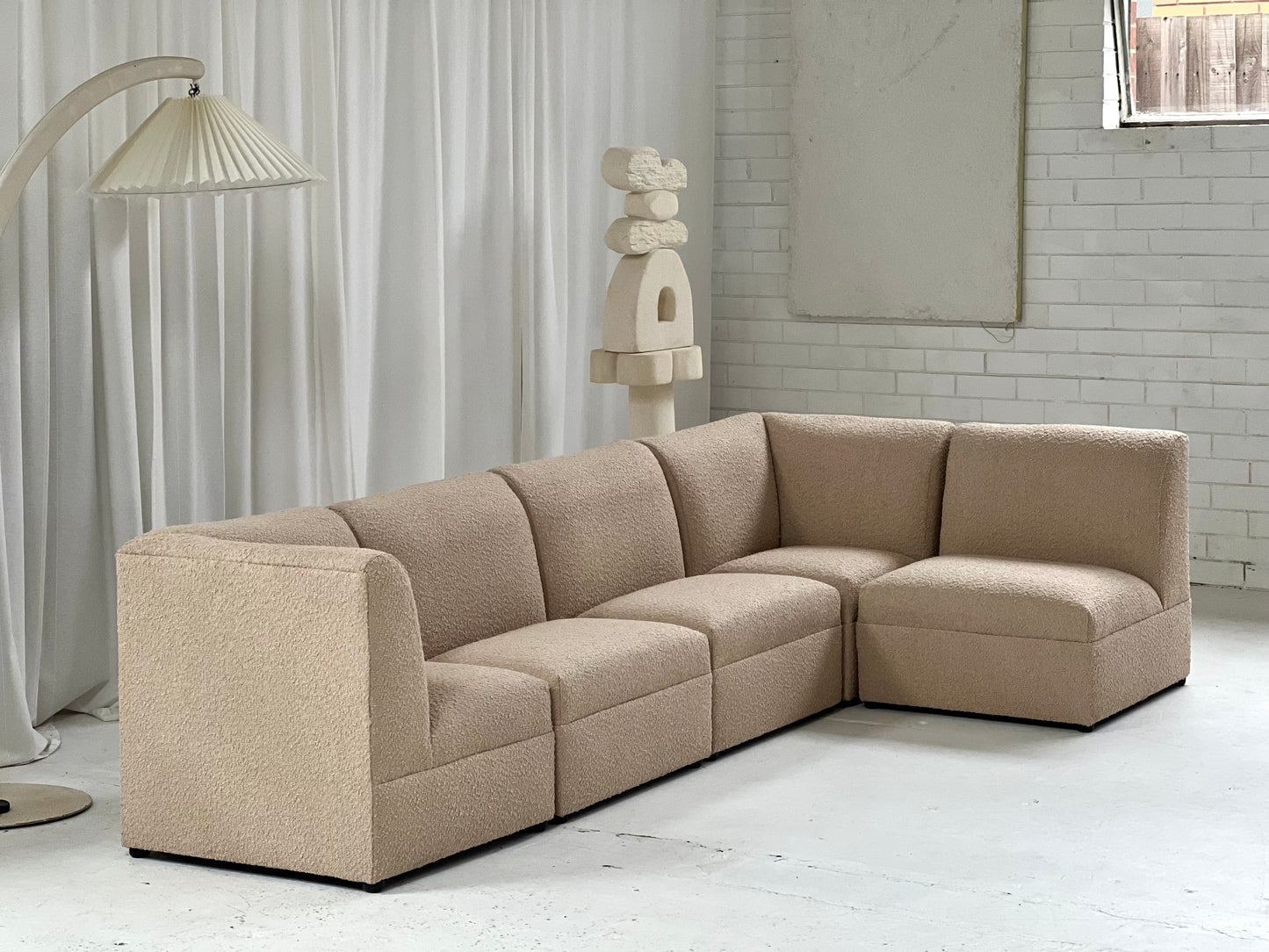 Custom Reupholstered Almond Boucle Modular Sofa
