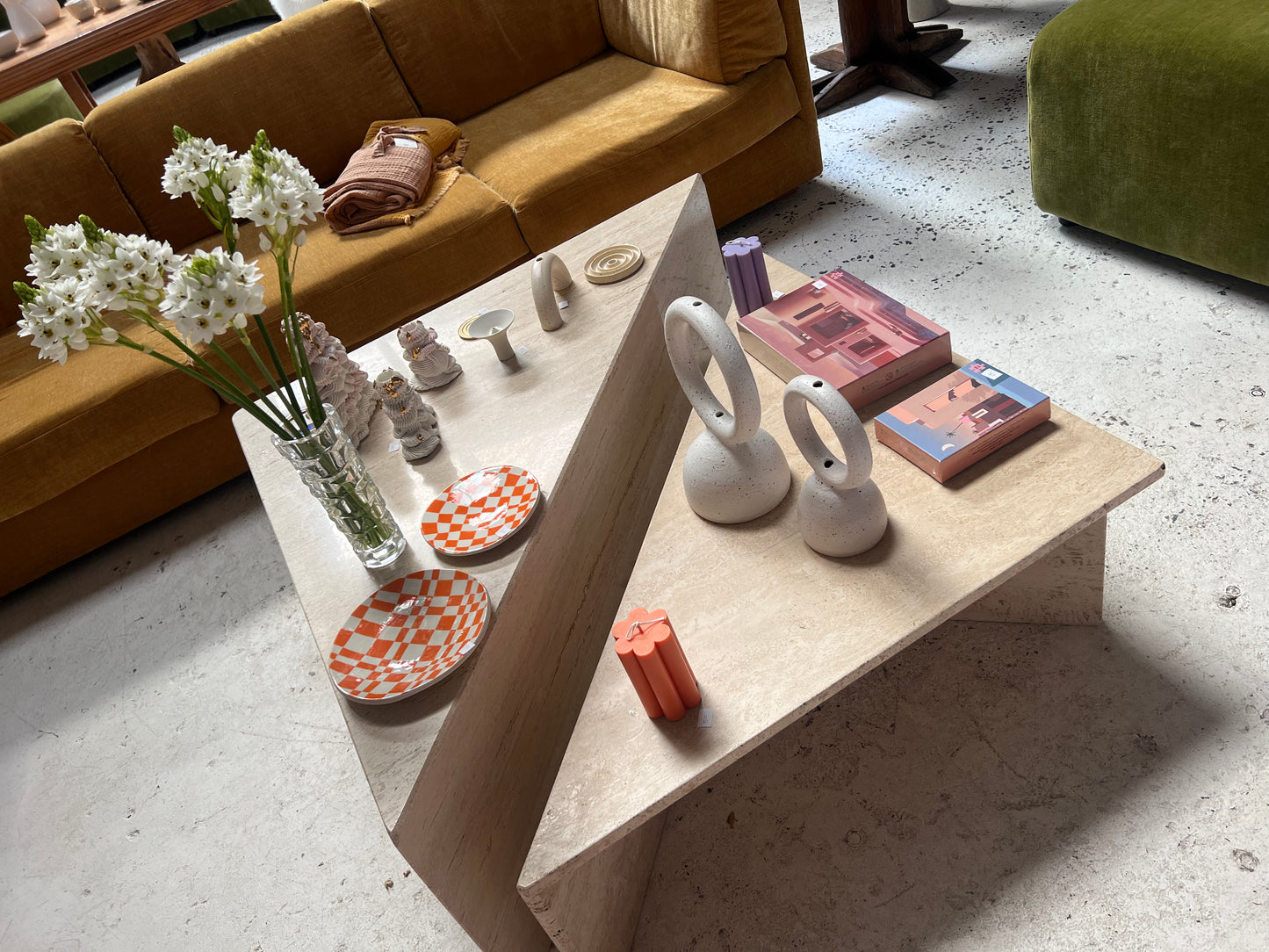 Two Piece Travertine Triangle Coffee Tables