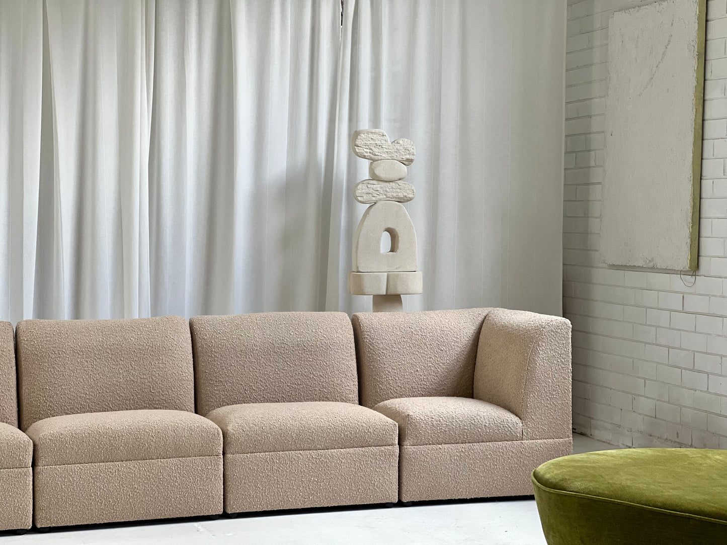 Custom Reupholstered Almond Boucle Modular Sofa